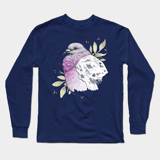 Purple Watercolor Pigeon Long Sleeve T-Shirt by Ellen Wilberg